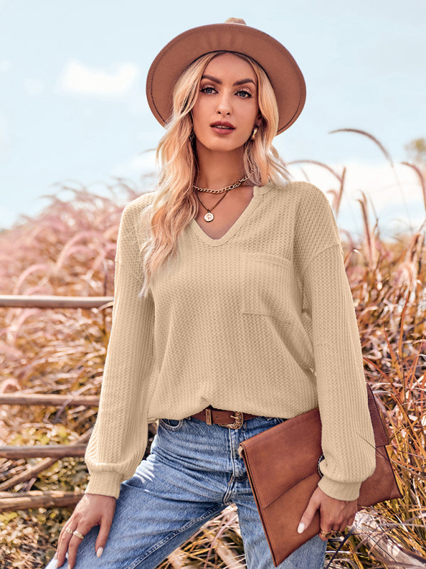 Women's V Neck Casual Slim Long Sleeve Top with Pockets