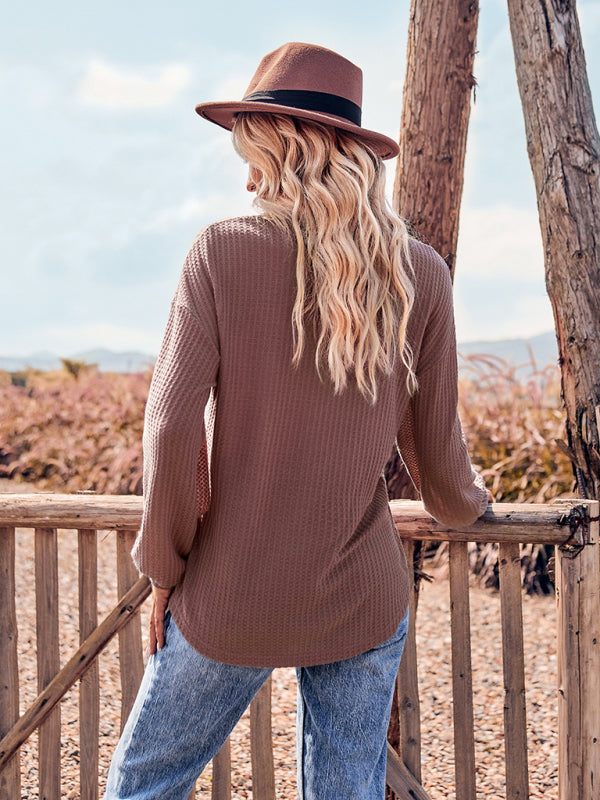 Women's V Neck Casual Slim Long Sleeve Top with Pockets