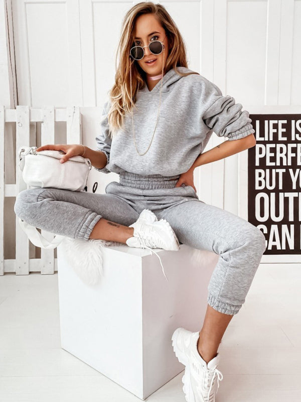 Women's Two-Piece Casual Sports Hooded Long-Sleeved with Matching Trousers