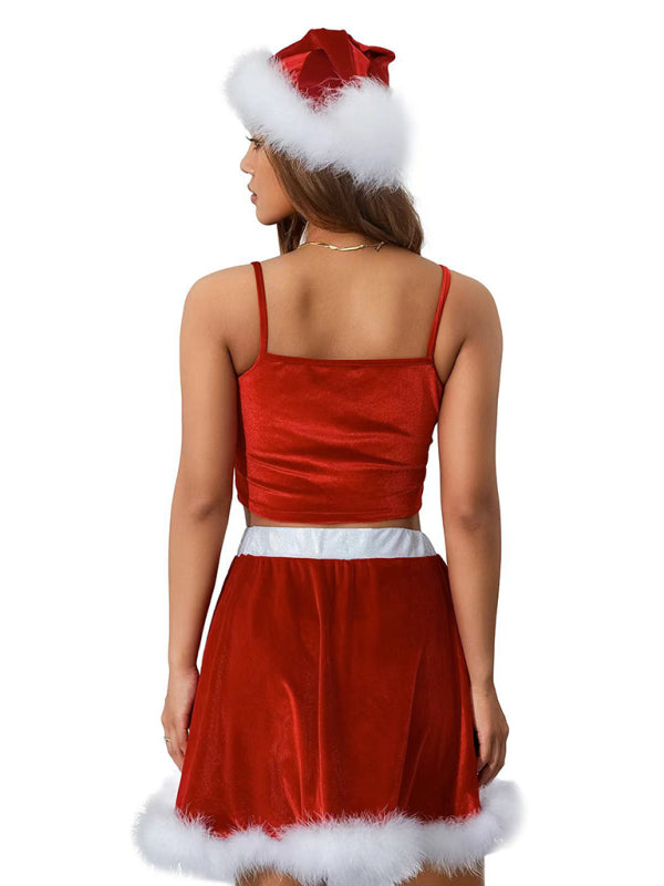 Women's off-shoulder Christmas red suspender feather Christmas skirt (including hat)