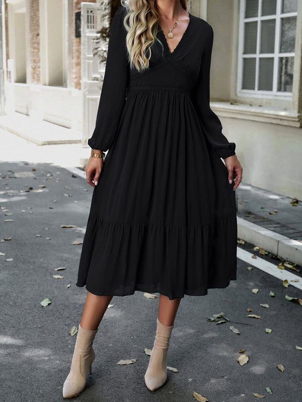 Women's Elegant lace solid color V-neck dress