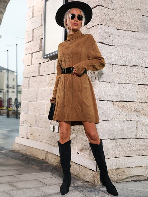 Women's mid-high collar solid color sweater skirt (belt not included)