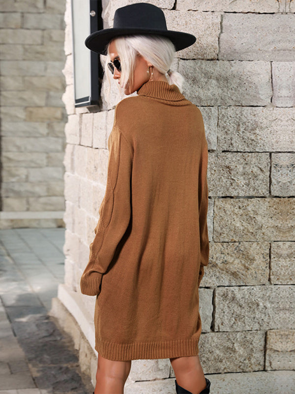 Women's mid-high collar solid color sweater skirt (belt not included)
