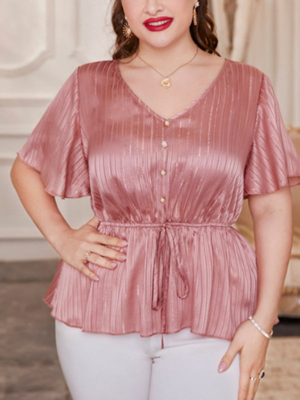 New Plus Size Women's retro solid color V-neck tops waist tie shirt short-sleeved tops