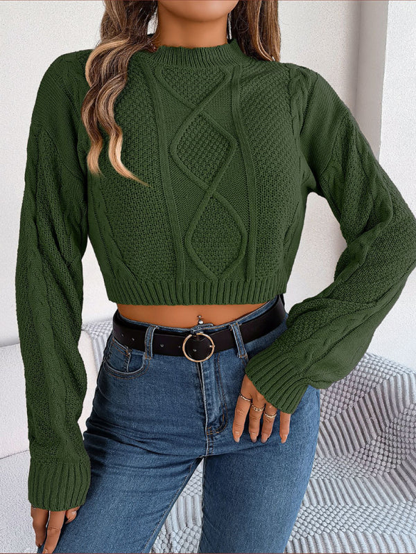 Women's New autumn and winter casual solid color twist long-sleeved pullover navel-baring sweater