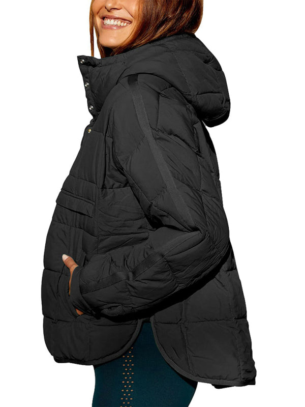 Women's Solid Color Hooded Cotton Foldable Padded Pullover Pocket Long Sleeve Jacket