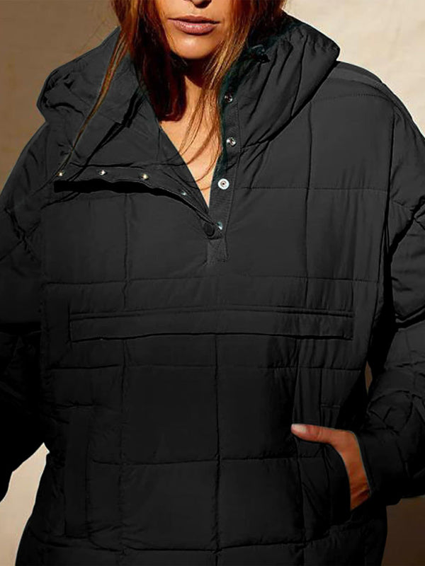 Women's Solid Color Hooded Cotton Foldable Padded Pullover Pocket Long Sleeve Jacket