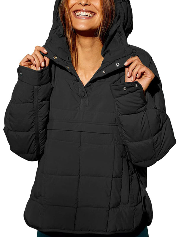 Women's Solid Color Hooded Cotton Foldable Padded Pullover Pocket Long Sleeve Jacket