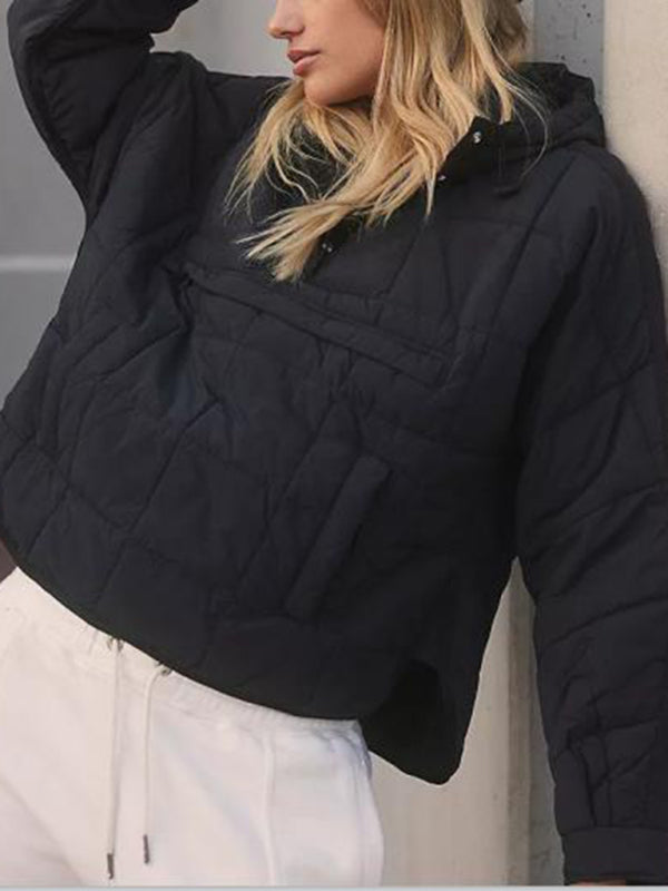 Women's Solid Color Hooded Cotton Foldable Padded Pullover Pocket Long Sleeve Jacket