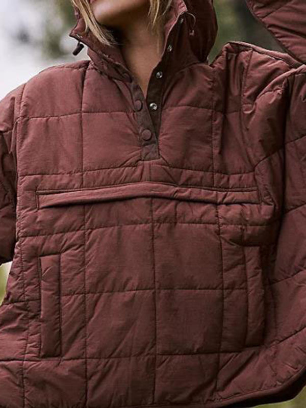 Women's Solid Color Hooded Cotton Foldable Padded Pullover Pocket Long Sleeve Jacket