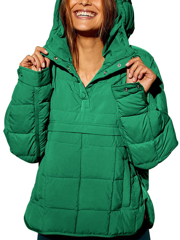 Women's Solid Color Hooded Cotton Foldable Padded Pullover Pocket Long Sleeve Jacket