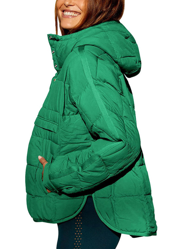 Women's Solid Color Hooded Cotton Foldable Padded Pullover Pocket Long Sleeve Jacket