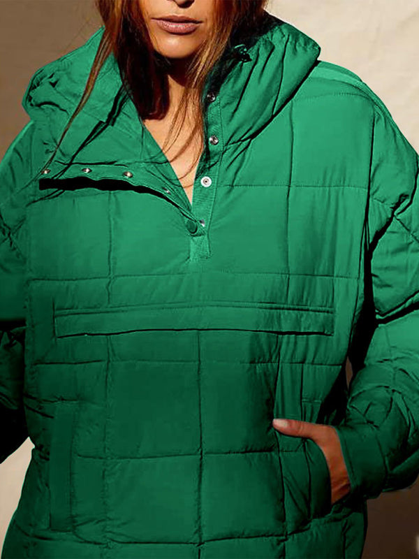 Women's Solid Color Hooded Cotton Foldable Padded Pullover Pocket Long Sleeve Jacket