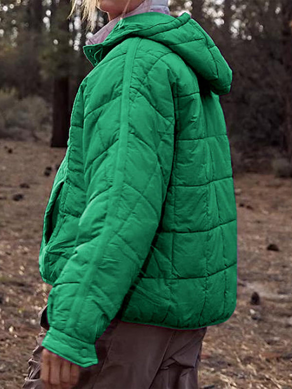 Women's Solid Color Hooded Cotton Foldable Padded Pullover Pocket Long Sleeve Jacket