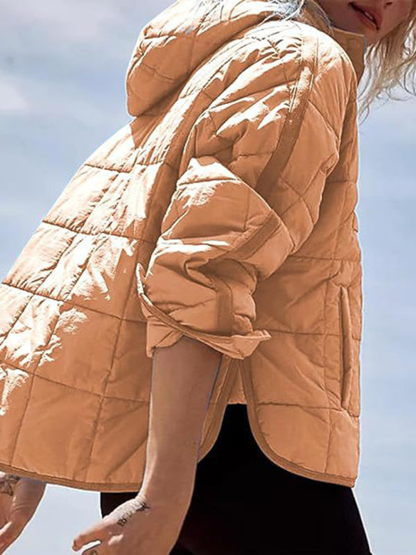 Women's Solid Color Hooded Cotton Foldable Padded Pullover Pocket Long Sleeve Jacket