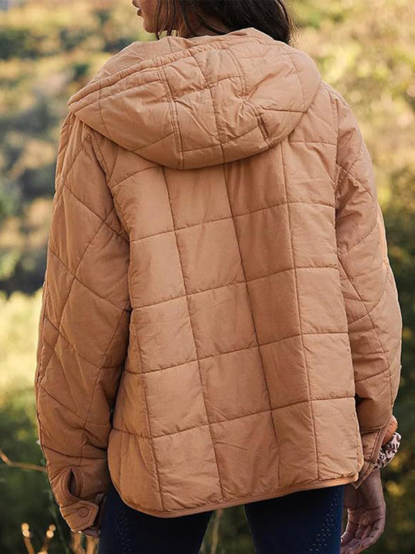 Women's Solid Color Hooded Cotton Foldable Padded Pullover Pocket Long Sleeve Jacket