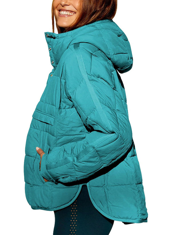 Women's Solid Color Hooded Cotton Foldable Padded Pullover Pocket Long Sleeve Jacket