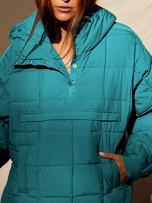 Women's Solid Color Hooded Cotton Foldable Padded Pullover Pocket Long Sleeve Jacket