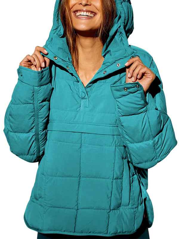 Women's Solid Color Hooded Cotton Foldable Padded Pullover Pocket Long Sleeve Jacket