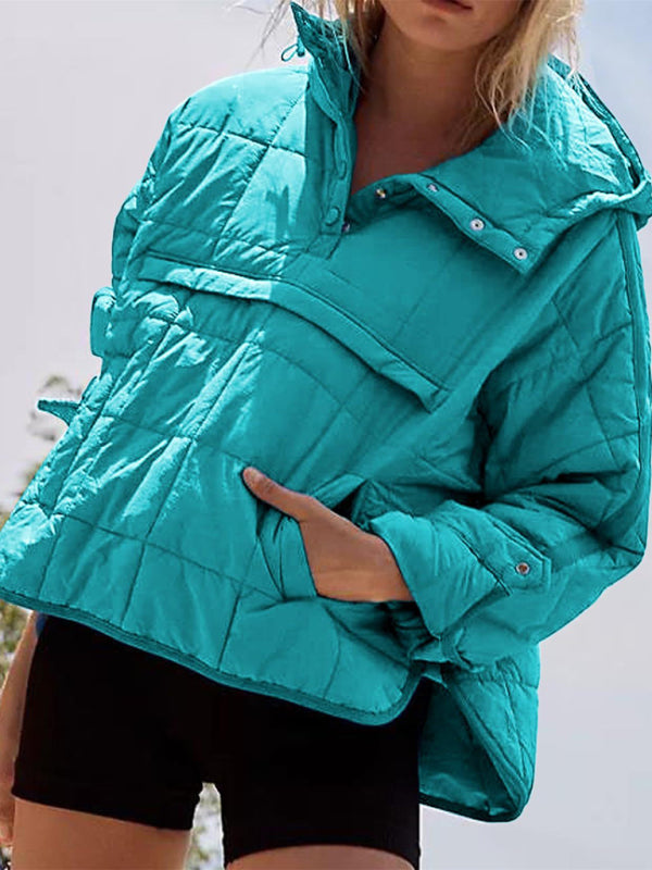 Women's Solid Color Hooded Cotton Foldable Padded Pullover Pocket Long Sleeve Jacket