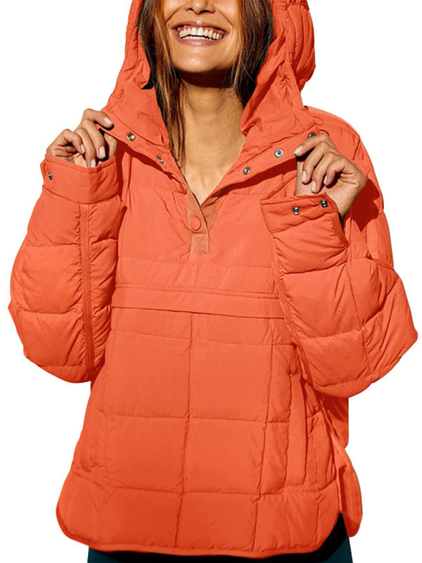 Women's Solid Color Hooded Cotton Foldable Padded Pullover Pocket Long Sleeve Jacket