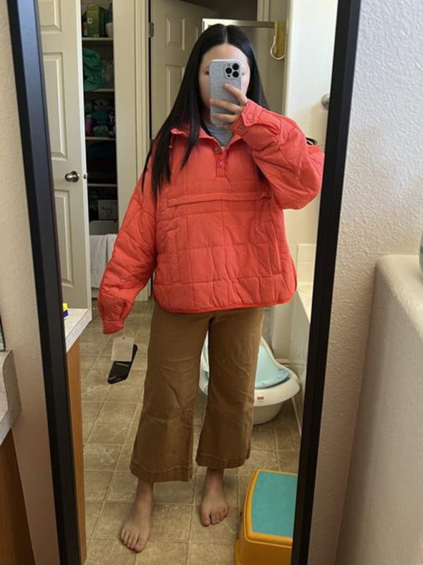 Women's Solid Color Hooded Cotton Foldable Padded Pullover Pocket Long Sleeve Jacket