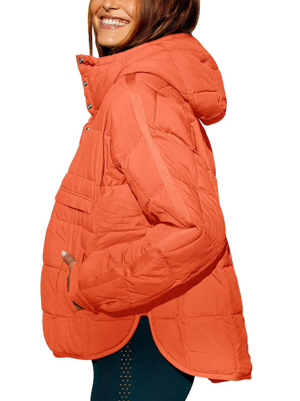 Women's Solid Color Hooded Cotton Foldable Padded Pullover Pocket Long Sleeve Jacket
