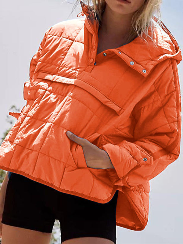 Women's Solid Color Hooded Cotton Foldable Padded Pullover Pocket Long Sleeve Jacket