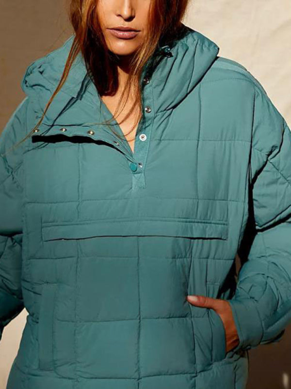 Women's Solid Color Hooded Cotton Foldable Padded Pullover Pocket Long Sleeve Jacket