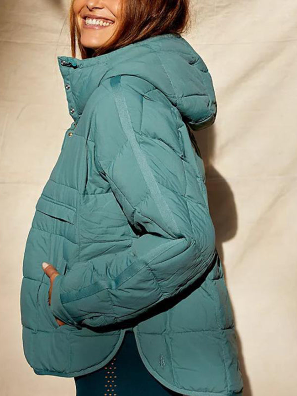 Women's Solid Color Hooded Cotton Foldable Padded Pullover Pocket Long Sleeve Jacket