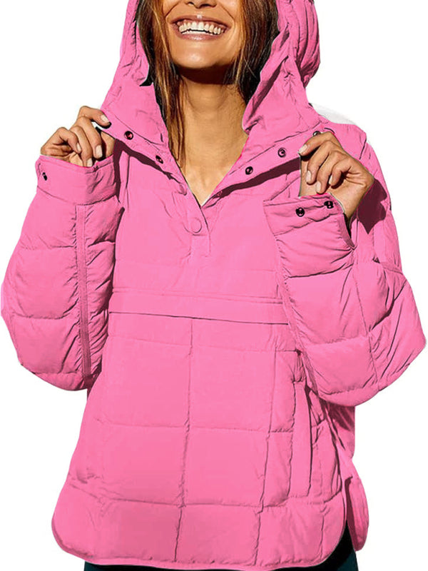 Women's Solid Color Hooded Cotton Foldable Padded Pullover Pocket Long Sleeve Jacket