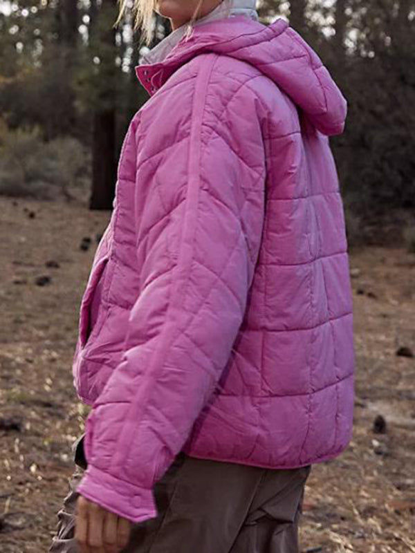Women's Solid Color Hooded Cotton Foldable Padded Pullover Pocket Long Sleeve Jacket