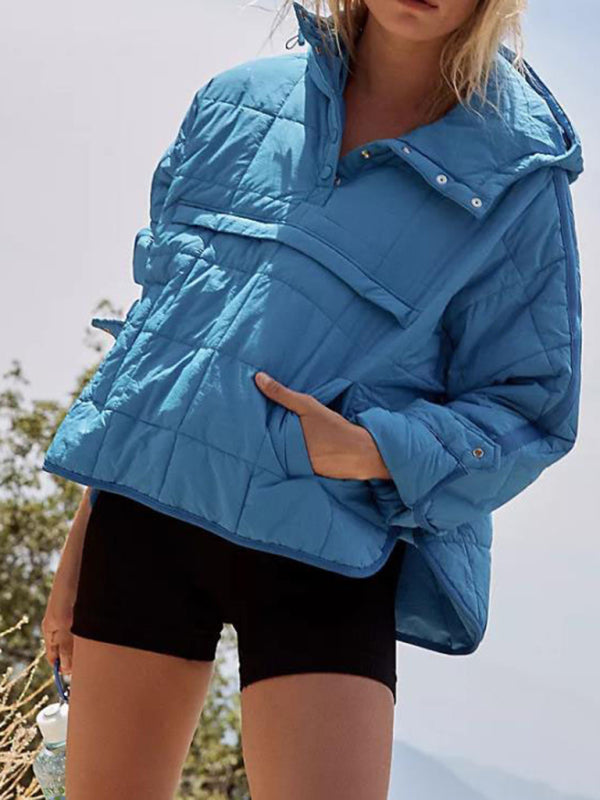 Women's Solid Color Hooded Cotton Foldable Padded Pullover Pocket Long Sleeve Jacket