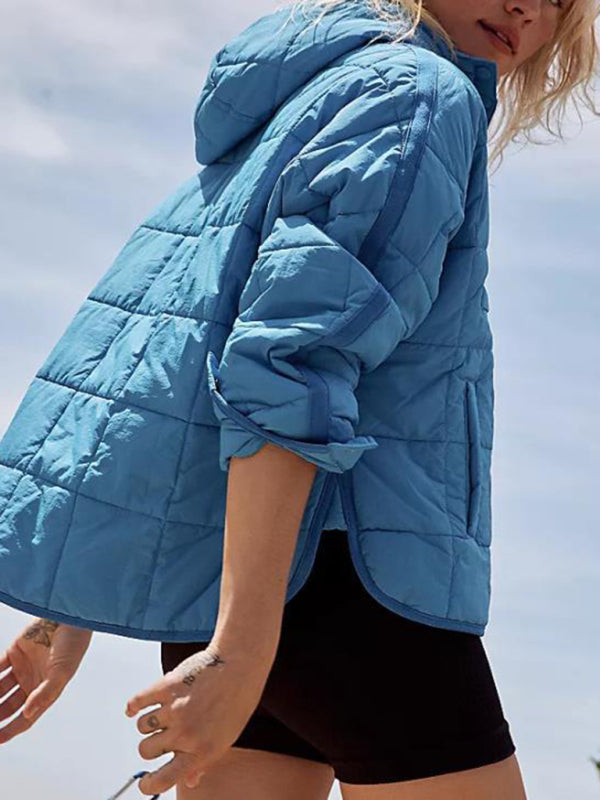 Women's Solid Color Hooded Cotton Foldable Padded Pullover Pocket Long Sleeve Jacket