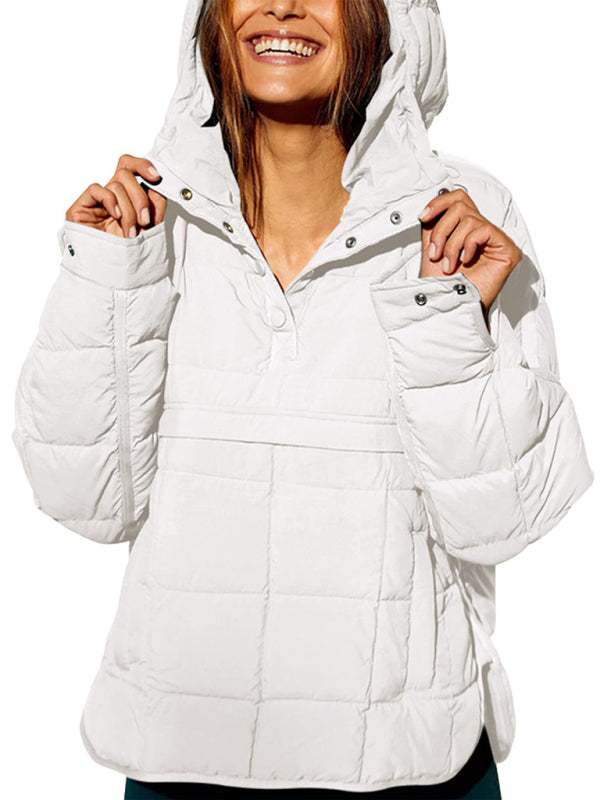 Women's Solid Color Hooded Cotton Foldable Padded Pullover Pocket Long Sleeve Jacket