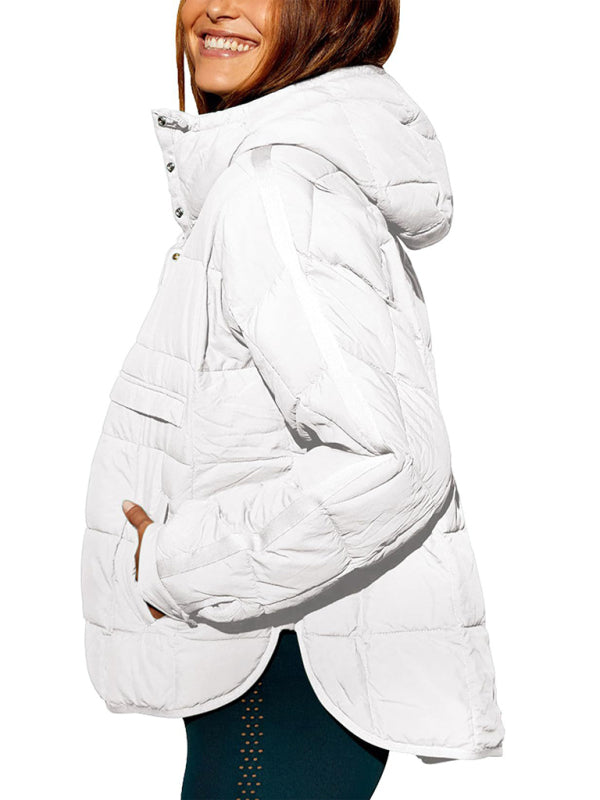 Women's Solid Color Hooded Cotton Foldable Padded Pullover Pocket Long Sleeve Jacket