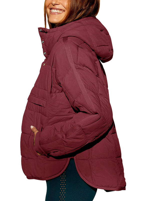Women's Solid Color Hooded Cotton Foldable Padded Pullover Pocket Long Sleeve Jacket
