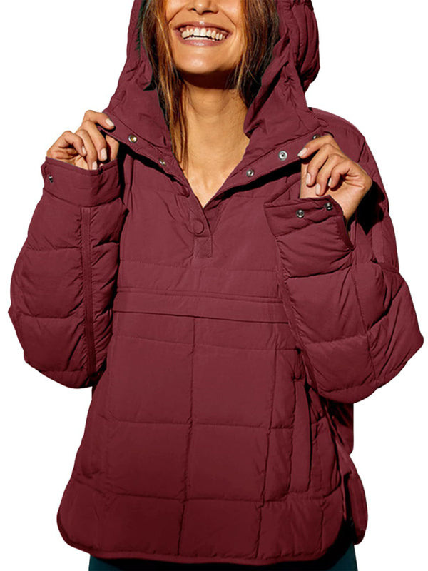 Women's Solid Color Hooded Cotton Foldable Padded Pullover Pocket Long Sleeve Jacket