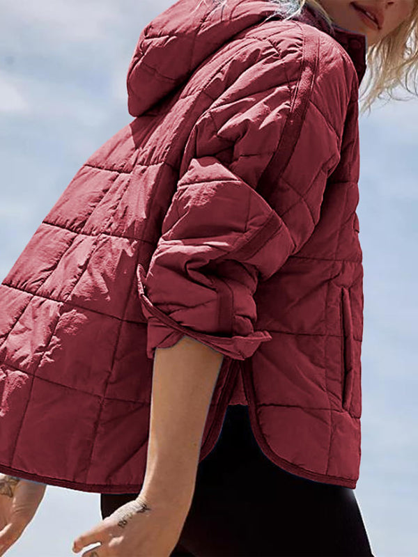 Women's Solid Color Hooded Cotton Foldable Padded Pullover Pocket Long Sleeve Jacket