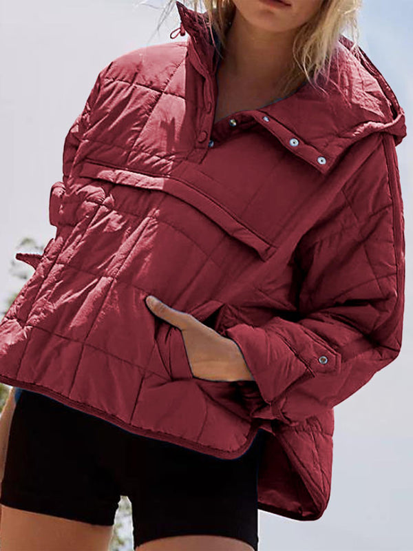 Women's Solid Color Hooded Cotton Foldable Padded Pullover Pocket Long Sleeve Jacket