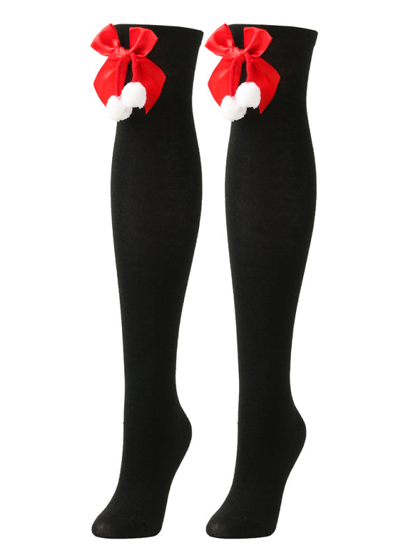 New bow Christmas socks ball socks over the knee socks women's long Christmas striped stockings