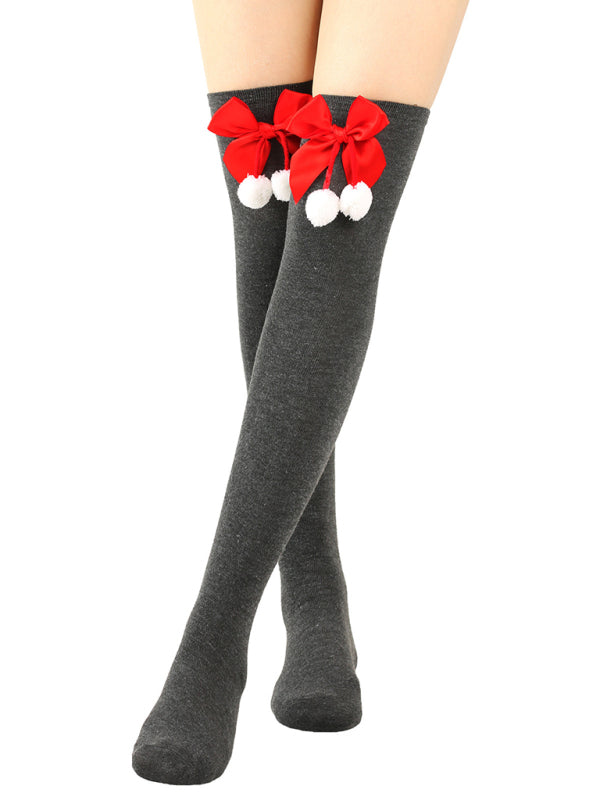 New bow Christmas socks ball socks over the knee socks women's long Christmas striped stockings