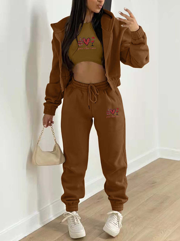 Women's Valentine's Day Christmas love wine glass printed hooded sports and leisure suit (three-piece set)