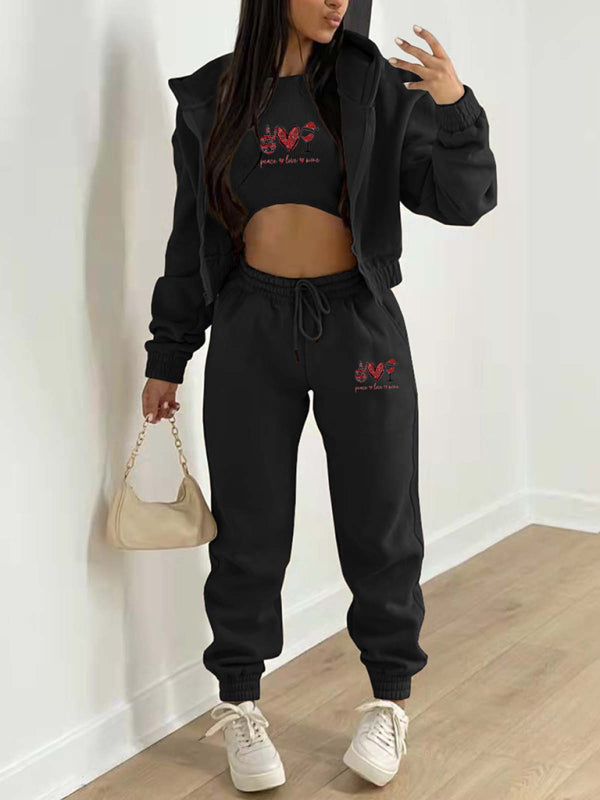 Women's Valentine's Day Christmas love wine glass printed hooded sports and leisure suit (three-piece set)