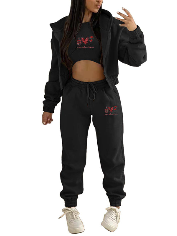 Women's Valentine's Day Christmas love wine glass printed hooded sports and leisure suit (three-piece set)