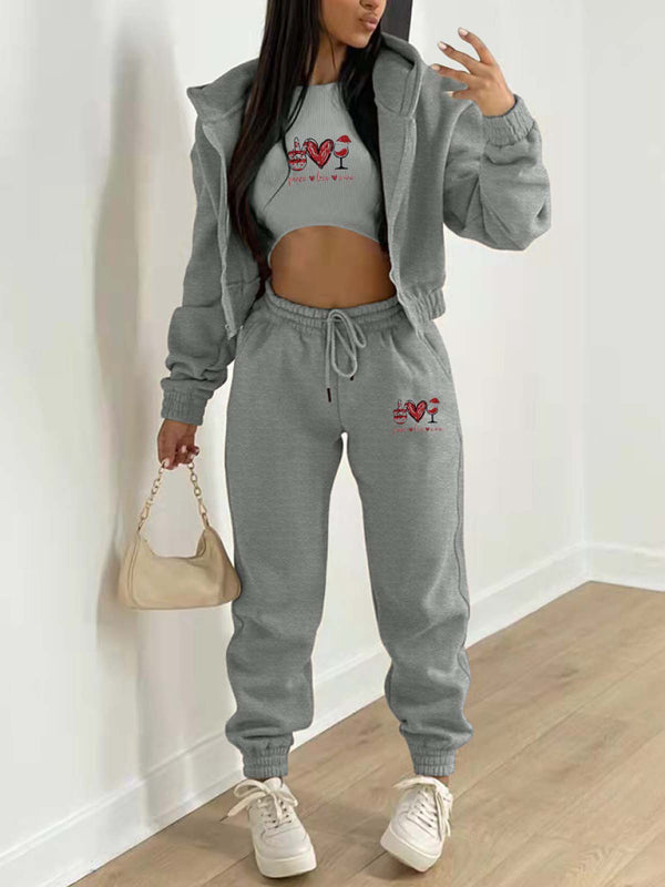 Women's Valentine's Day Christmas love wine glass printed hooded sports and leisure suit (three-piece set)