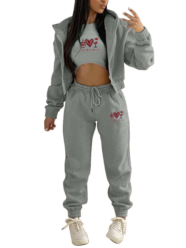 Women's Valentine's Day Christmas love wine glass printed hooded sports and leisure suit (three-piece set)