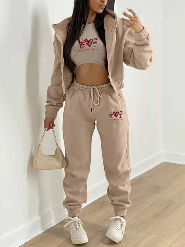 Women's Valentine's Day Christmas love wine glass printed hooded sports and leisure suit (three-piece set)