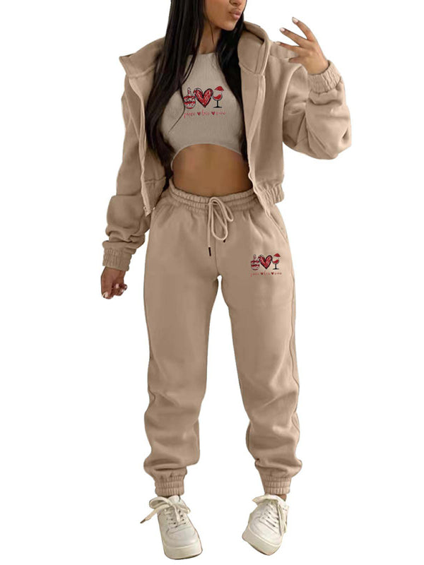Women's Valentine's Day Christmas love wine glass printed hooded sports and leisure suit (three-piece set)