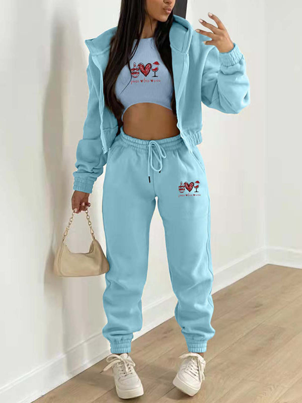 Women's Valentine's Day Christmas love wine glass printed hooded sports and leisure suit (three-piece set)